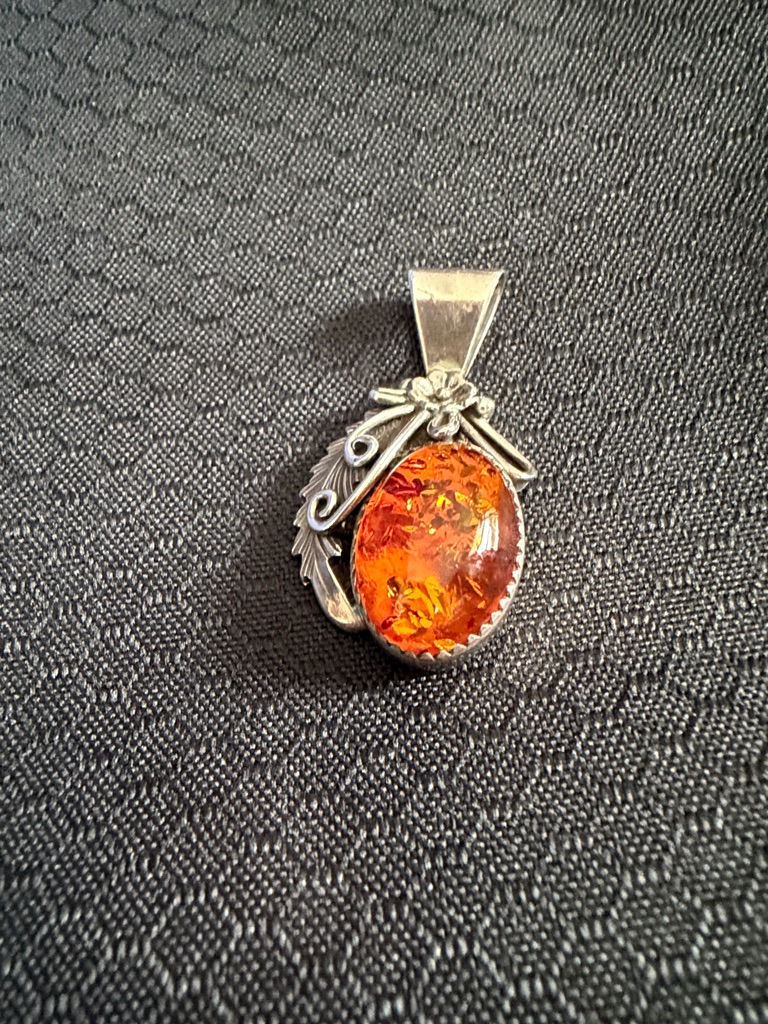 Navajo Sterling Amber Oval Sterling Pendant - Orange Gemstone Pendent